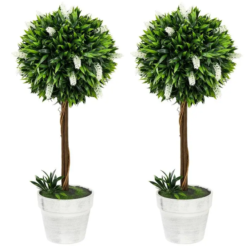 Set of 2 artificial lavender trees, 60 cm tall, incl. pot and artificial moss, white