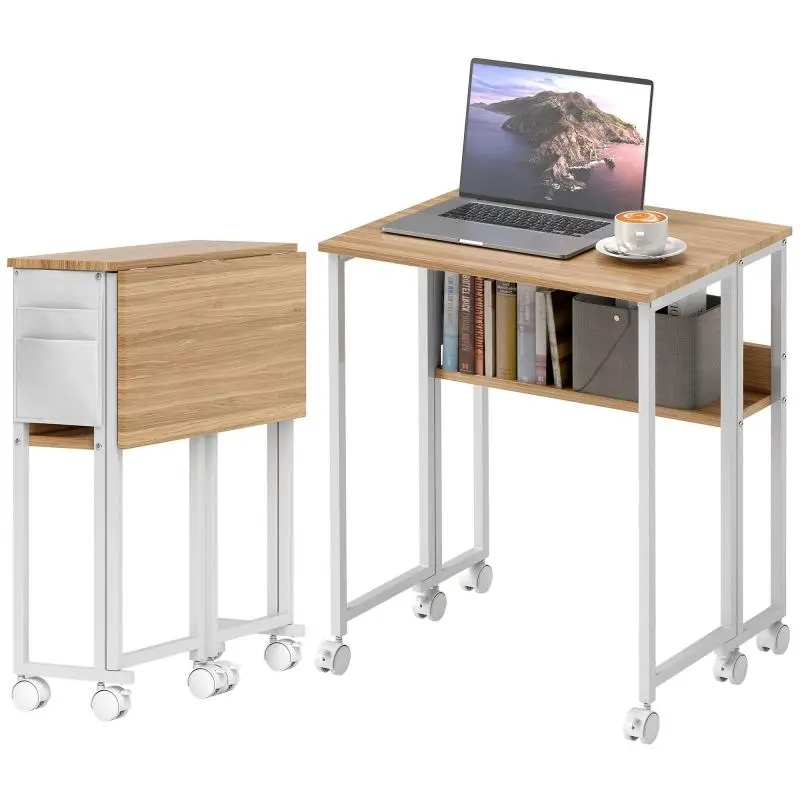 Foldable desk, convertible into a side table, open shelf