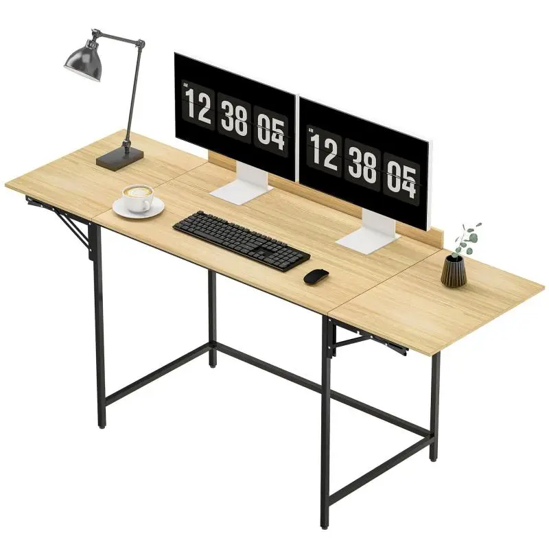 Foldable Computer Desk with Metal Legs and 2 Pull-out Panels