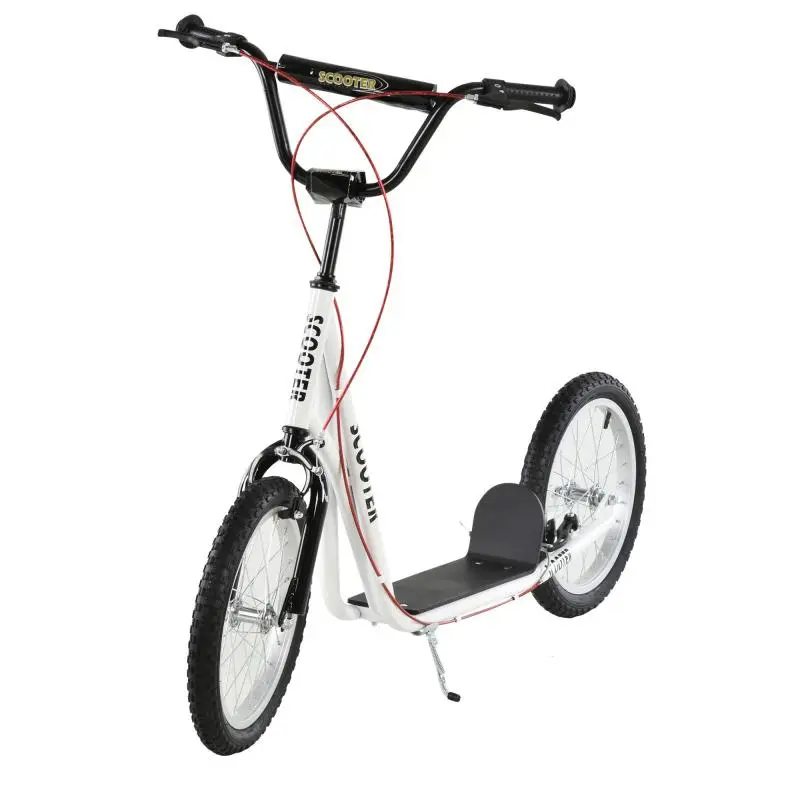 Scooter for Children (Ages 5+) and Teens with Height-Adjustable Handlebars, Two 16-inch Pneumatic Rubber Tires, and Dual Brakes – 100 kg Load Capacity – 139x58x90-96 cm – White