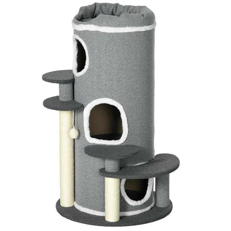 Cat Tree/Scratching Barrel, 2 Cat Caves, 4 Platforms, 4 Scratching Posts, 57 cm x 57 cm x 99 cm, Grey + White