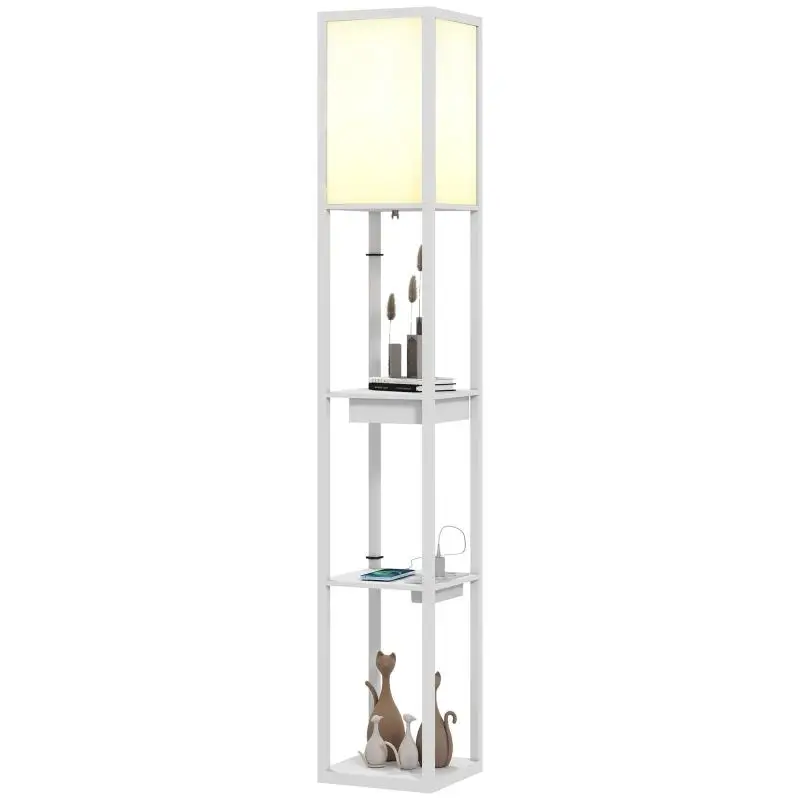 Floor lamp with 3-tier shelf, foot switch, USB ports, MDF, white