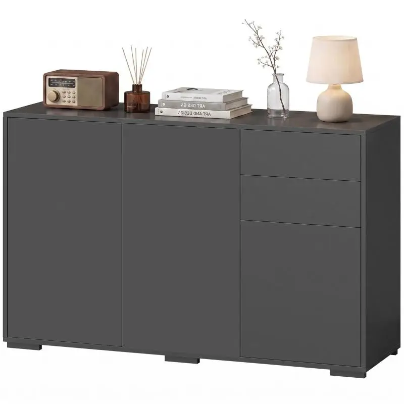 Push-Open Sideboard Storage Cabinet, Buffet Cabinet with 2 Drawers, Size: 117 x 36 x 74 cm, Black