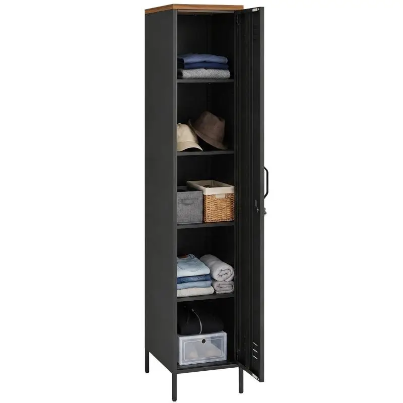 Metal cabinet, industrial wardrobe with adjustable shelves for bedroom, garage and office, black