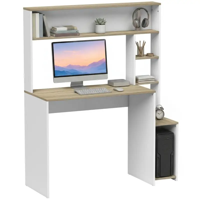Computer Desk, 114 x 45 x 138 cm, Desk with Storage, Open Shelves, and CPU Stand, White and Natural Wood