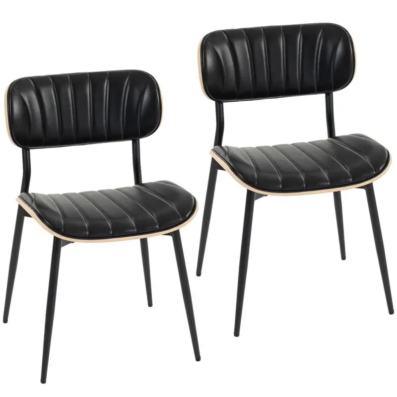 Set of 2 Dining Chairs, Armless Kitchen Chairs, Curved Backrest and Padded PU Seat, Black