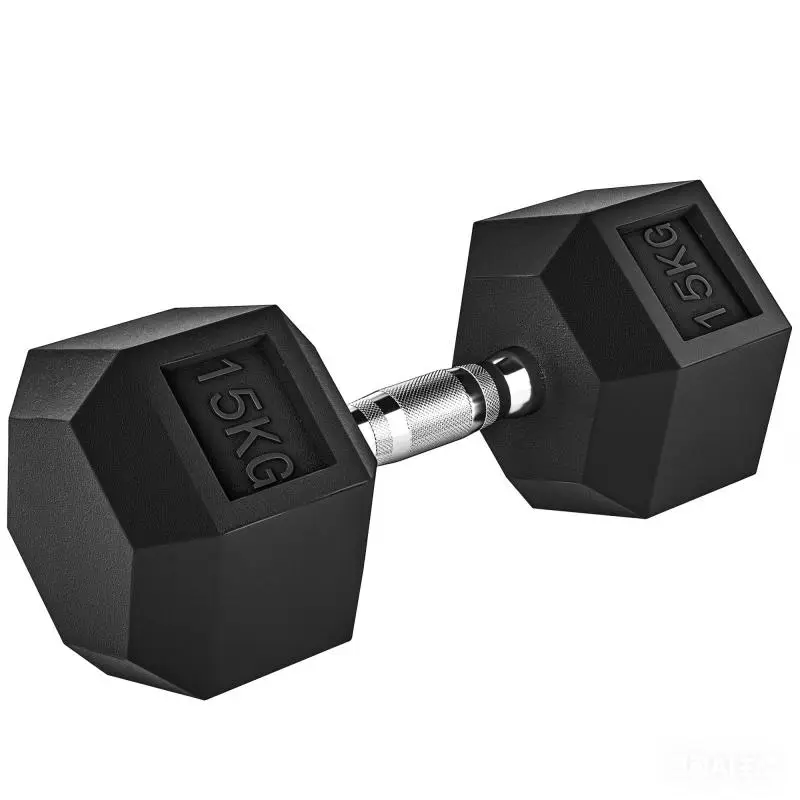 15 kg Hexagonal Dumbbell with Non-Slip Grip, Steel and Rubber, Ø15.5 x 33.6 cm, Black