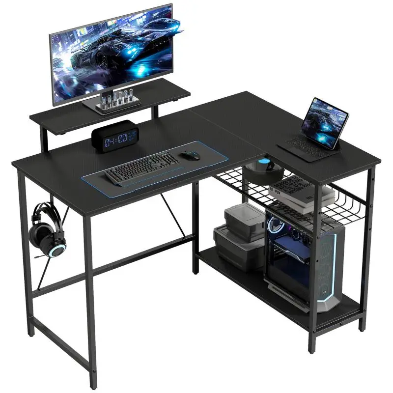 Reversible gaming desk, corner gaming desk, monitor stand, adjustable mesh shelf, 114.5x82x91.5cm, black
