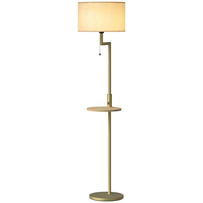 Modern Floor Lamp with Shelf, Linen Shade, Pull-Chain Switch, and USB Port (Diameter 40 x 170 cm) – Gold – For Living Room