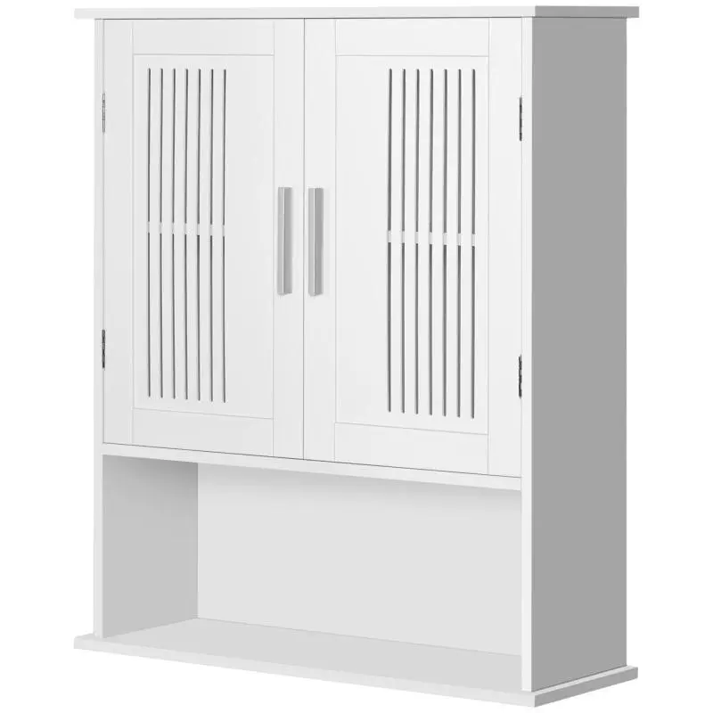 Multipurpose Wall-Mounted Bathroom Cabinet with Adjustable Shelf, Slatted Doors, and Compartment – White