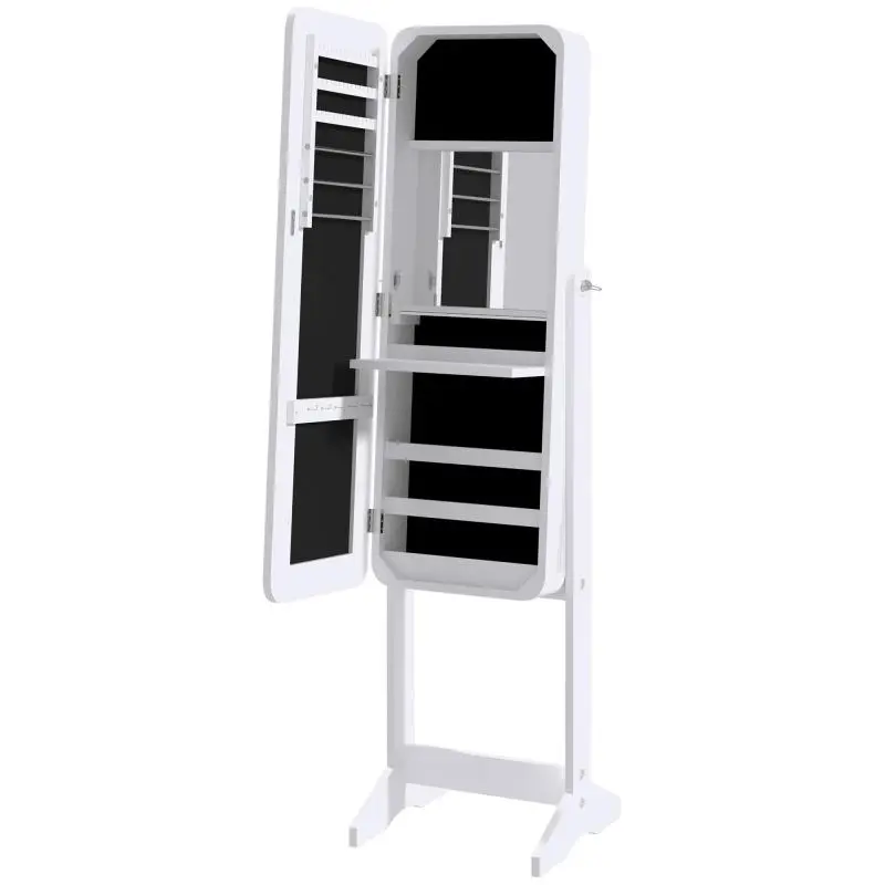 Freestanding Jewelry Armoire with Mirror and Lights – Adjustable Tilt – Storage for Rings, Earrings, and Necklaces – 34x36x146cm – White