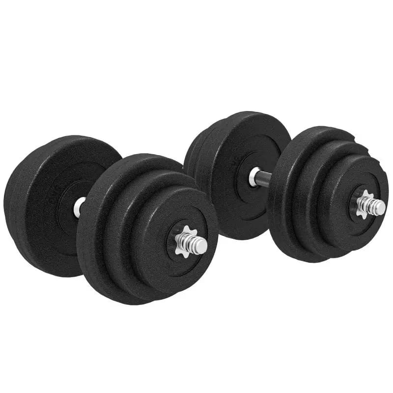 40 kg dumbbell set, 2 metal handles, 12 weight plates, floor-friendly, black