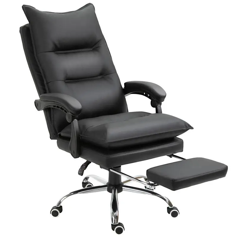 Office chair, ergonomic faux leather desk chair with wide padded seat, reclining backrest, adjustable height, armrests, and integrated footrest; 135 kg weight capacity, black.