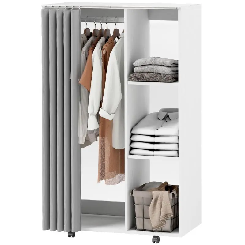 Mobile clothing wardrobe/closet on 4 casters with clothes rail and open shelves, white
