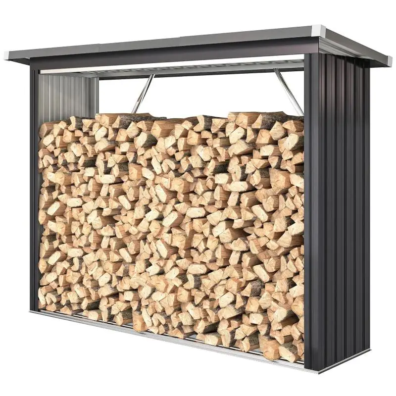 Outdoor Steel Sloped Roof Log Shed, Raised Base, Size: 213x66.5x150cm, Dark Grey