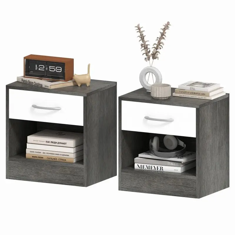 2PCS/Set Modern Wooden Nightstands with Open Shelves and Drawers, Dimensions: 39x28x41 cm, Dhite and Dark Gray