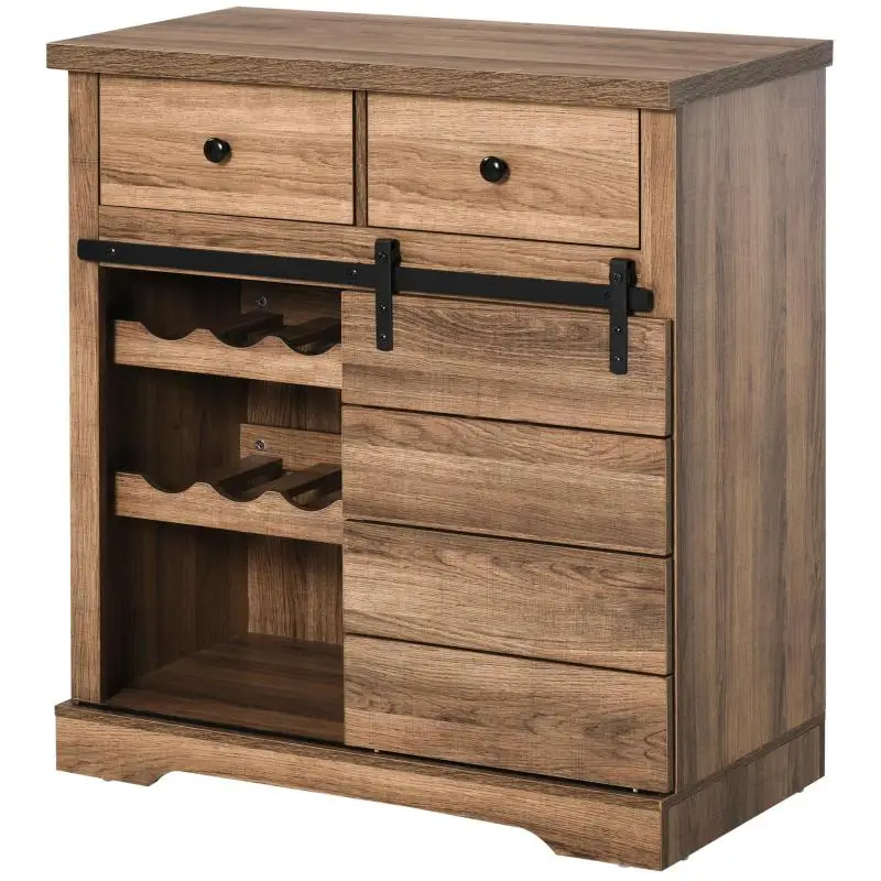 Sideboard with 2 Drawers, Open Shelves, and Wine Rack, Rustic Wood and Metal Kitchen Sideboard, 80x39x86 cm, Wood Finish