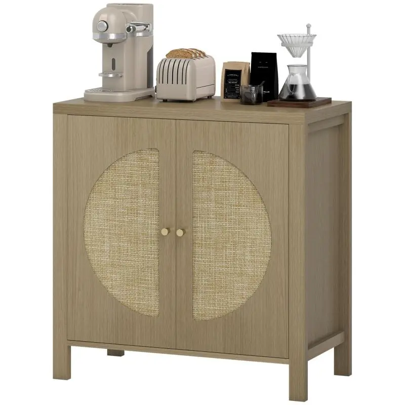 Kitchen Sideboard with 2 Rattan Doors, Adjustable Shelf, and 2 Handles, 75x38x77 cm, Natural Wood