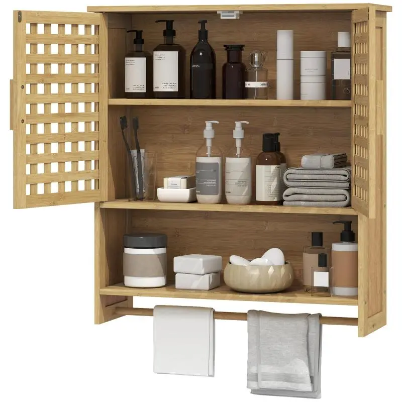Natural Bamboo Wall-Mounted Bathroom Cabinet with 2 Lattice Doors, Open Shelf, and Adjustable Shelf