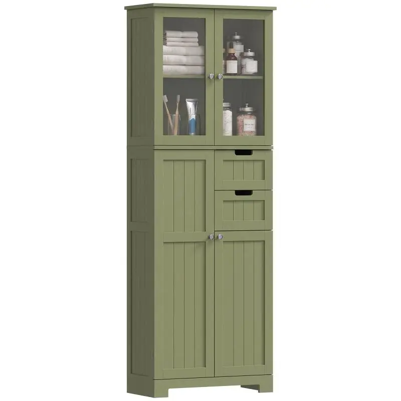Wall-mounted storage unit/cabinet with glass doors and adjustable shelves for bathroom, kitchen, or living room – Green