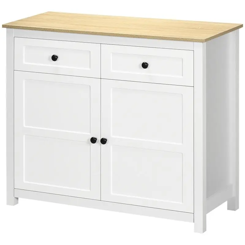 Storage sideboard/chest with 2 doors (featuring a height-adjustable shelf) and 2 drawers, 100 x 40 x 85 cm, white and wood-effect finish.