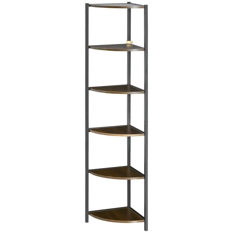 Modern 6-Tier Corner Bookcase in Metal and MDF, 34x34x166cm, Brown and Black