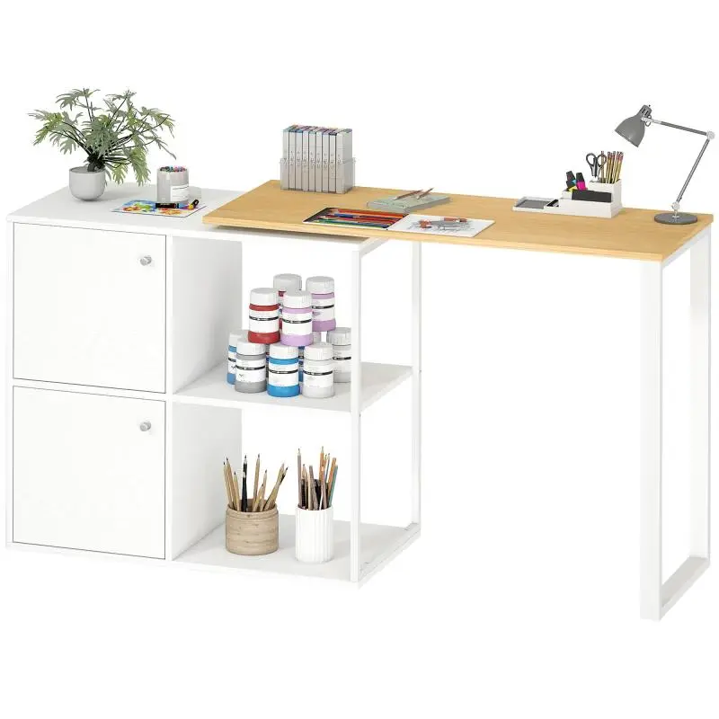 L-shaped desk, 360° rotatable corner desk with 2 storage cabinets and 2 open shelves; computer desk for small spaces, home office, or living room; 150 x 40 x 75 cm, white.
