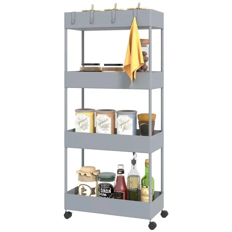 Kitchen trolley with 4 shelves, 4 flexible hooks, and 4 casters, 40 cm x 19 cm x 90 cm, slim storage trolley, grey