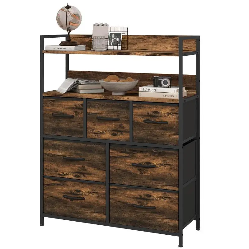 Industrial Wood and Steel Chest of Drawers with 2 Shelves and 7 Removable Drawers, 79x29x101 cm, Brown and Black