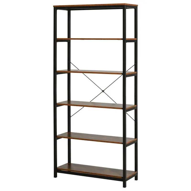 Vintage Industrial-Style Vertical Bookcase, Space-Saving Shelf Unit with 6 Wood and Black Metal Shelves, 80x30x180cm