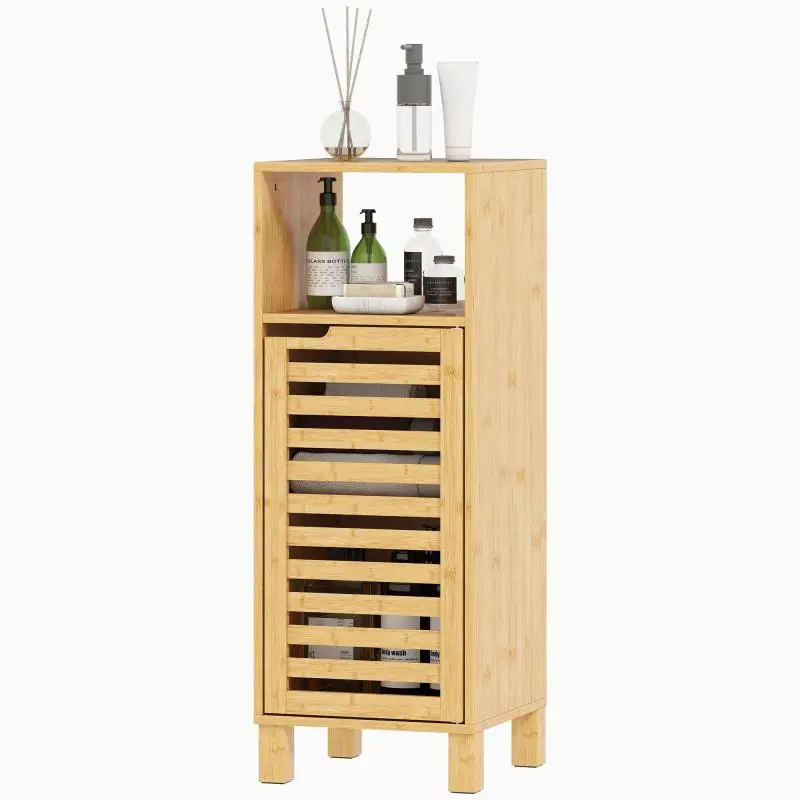 Narrow Bathroom Storage Unit with Slatted Door and Adjustable Shelf – Natural Finish