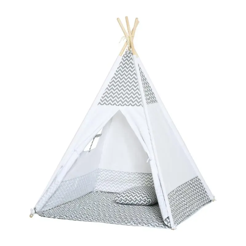 Kids Indian Teepee Tent with Wooden Frame, Padded Mat and Cushion, White and Gray
