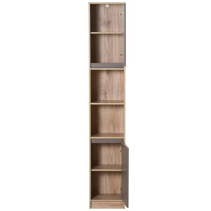 Space-Saving Wooden Bathroom Cabinet, Bathroom Unit with 2 Cupboards and Adjustable Shelves, Tall Column Design, 30x24x170 cm, Grey and Oak