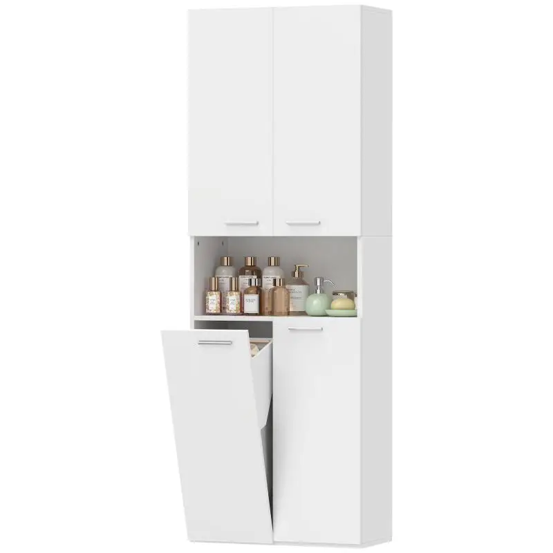 174 cm tall bathroom cabinet with fold-out laundry basket and soft-close doors, white