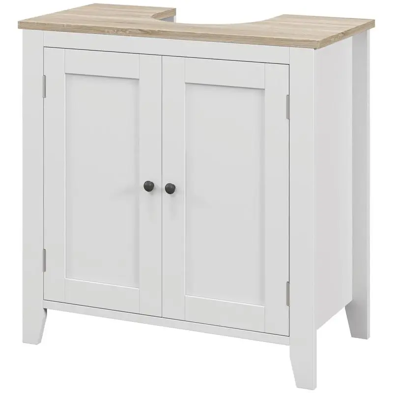 U-Shaped Bathroom Under-Sink Cabinet with Adjustable Internal Shelf, MDF, 60x30x60 cm, White and Wood Finish