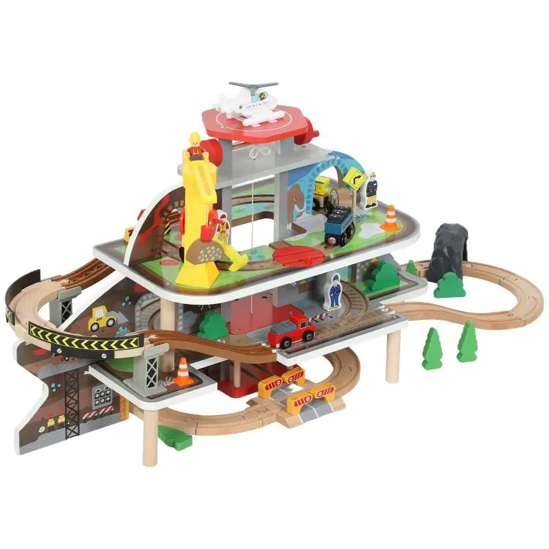 Wooden train set, 79 pieces, 4 levels, elevator, crane, expandable, colorful