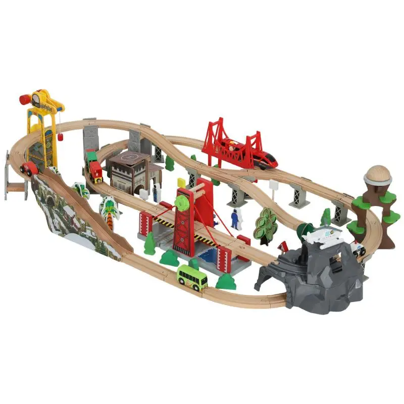 Wooden train set, 100 pieces, magnetic crane, beech wood, multicolored