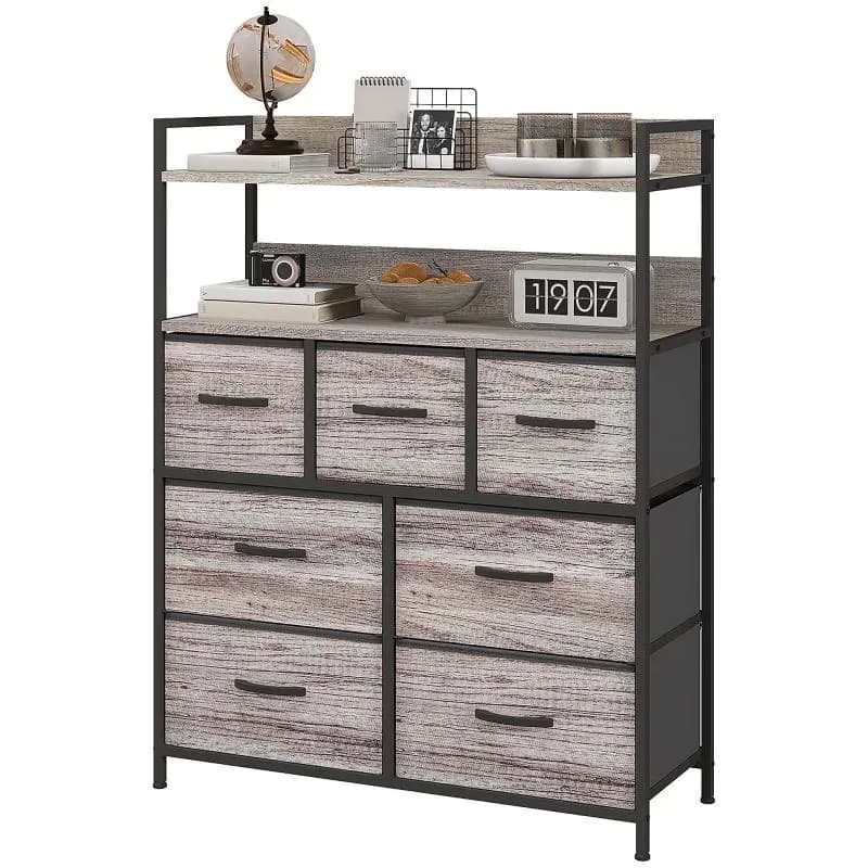 7-drawer storage unit with foldable, removable fabric drawers and open shelves, grey