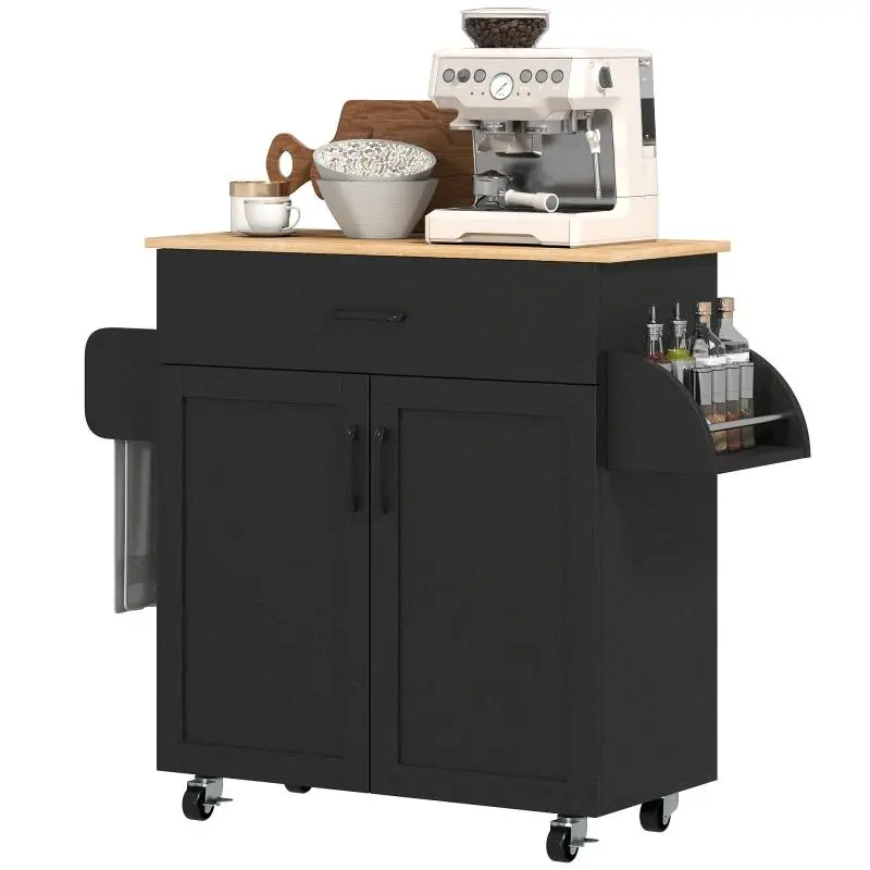 Kitchen island with ample storage, drawers, and 2-door cabinet with adjustable shelf – 105 x 36 x 85 cm – Black