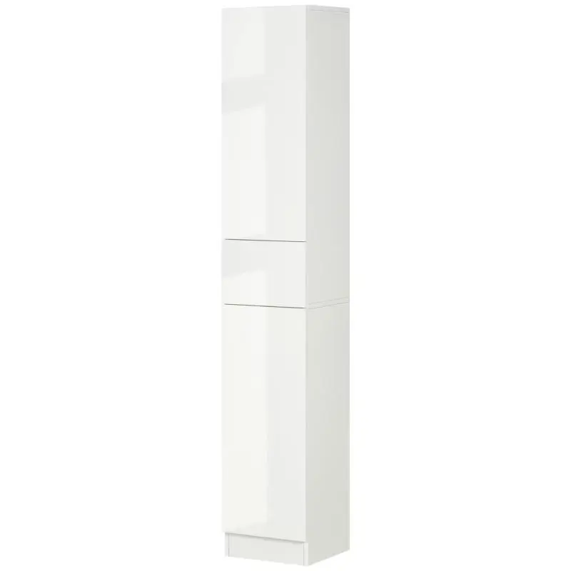 Contemporary-style bathroom storage column unit featuring 2 cupboards, 3 shelves, and 1 sliding drawer; made of glossy particleboard; dimensions 30W x 28D x 170H cm; lacquered white finish.
