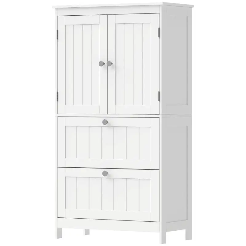 Bathroom cabinet with 2 drawers, freestanding, with adjustable shelf and slatted doors, white