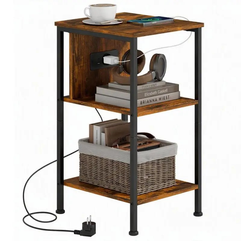 Side table with charging station and 2 open shelves, tigerwood finish