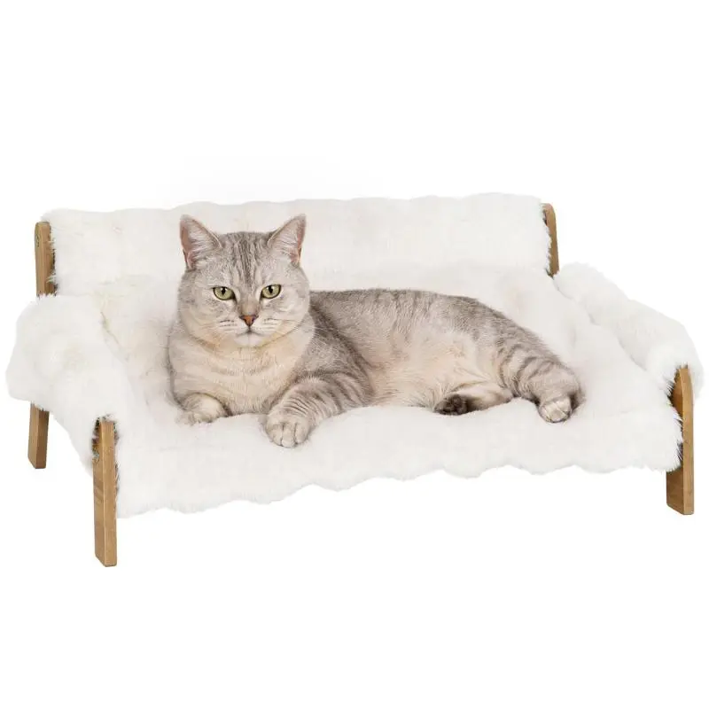 Elevated dog bed with a wooden frame, fluffy plush cushion, removable cover, and non-slip feet.