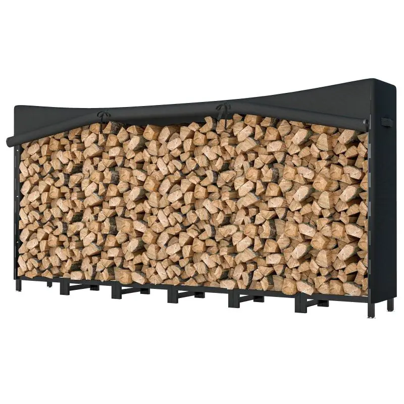 Outdoor Metal Log Shed with Waterproof Cover, 0.8m³ Capacity, Adjustable Frame, 235x31x116 cm, Black