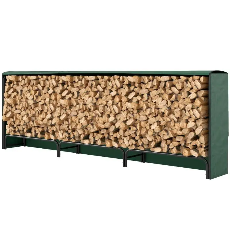 Adjustable 1m³ Firewood Rack with Waterproof PE Cover, Metal, 300x36x99 cm, Black and Dark Green
