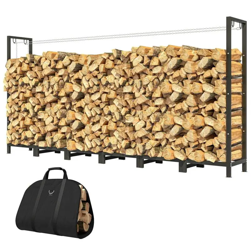 Adjustable 0.8m³ Log Rack with Waterproof Cover and Steel Chains, 235x31x116 cm, Black