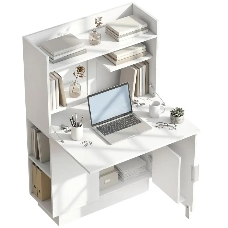 Folding computer desk, workstation with fold-down tabletop, shelves, and cabinet, 80x30x128cm, white