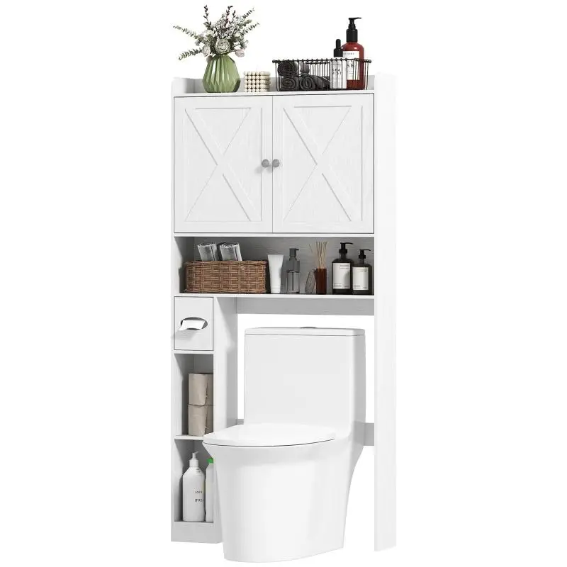 Over-the-toilet storage unit with barn-door cabinet, adjustable shelf, compartments, and toilet paper holder, white