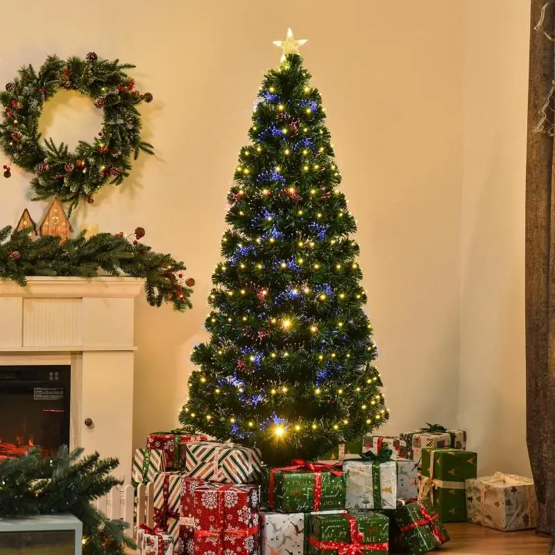 180cm Artificial Christmas Tree with Metal Stand, Multicolored LED Lights, Natural Green, PVC Material