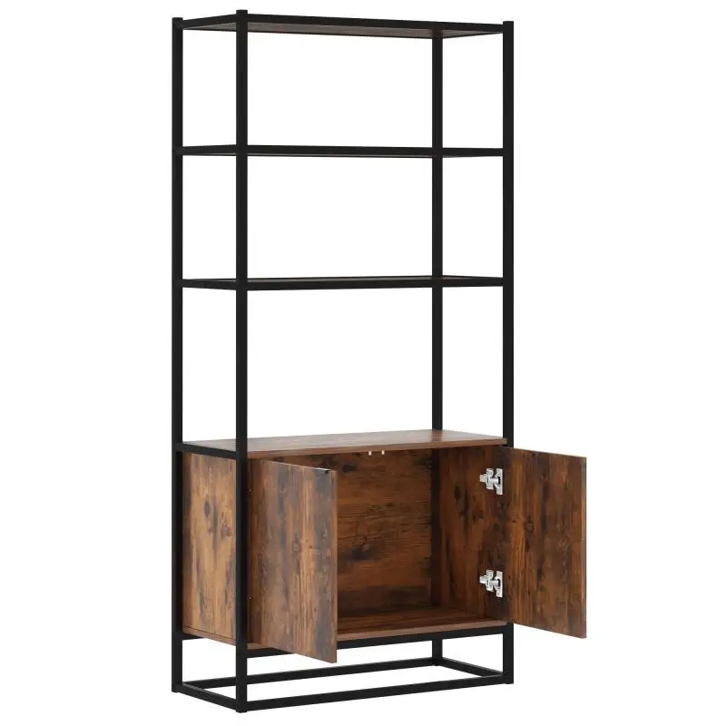 Vintage-Style Bookshelf with 3 Shelves, 1 Wooden Cabinet, and Black Metal Frame